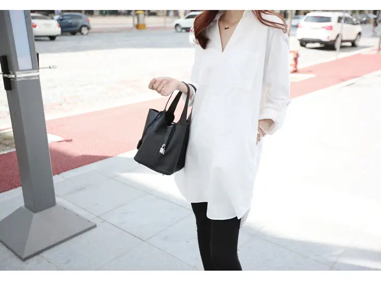 White Loose Long Sleeve V-Neck Shirt for Women — feature 18