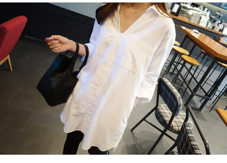 White Loose Long Sleeve V-Neck Shirt for Women — feature 3