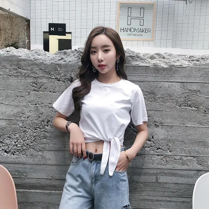 Women's White Round Neck Strap Top Short Sleeve 2021 Summer - Image 3