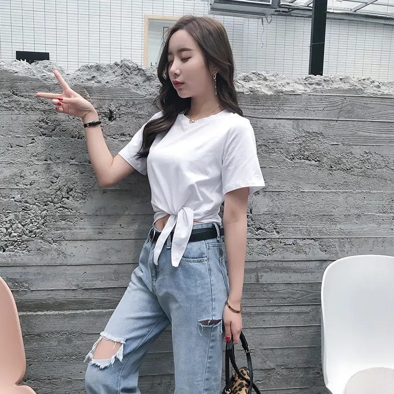 Women's White Round Neck Strap Top Short Sleeve 2021 Summer - Image 4