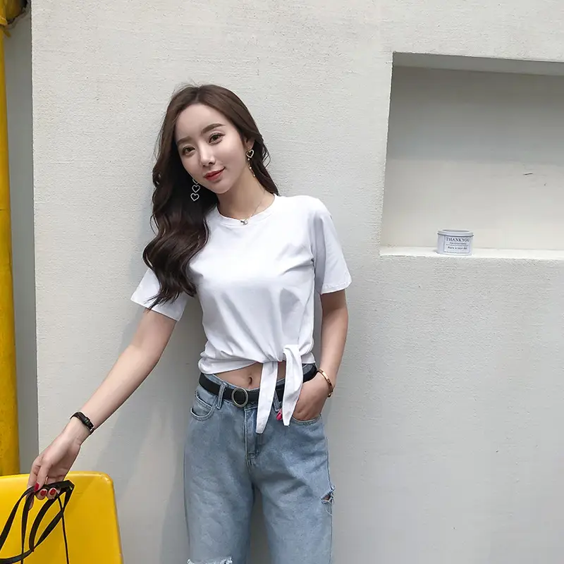 Women's White Round Neck Strap Top Short Sleeve 2021 Summer - Image 6