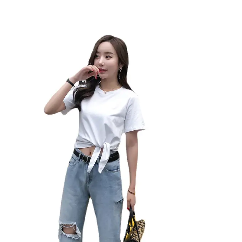 Women's White Round Neck Strap Top Short Sleeve 2021 Summer - Image 7