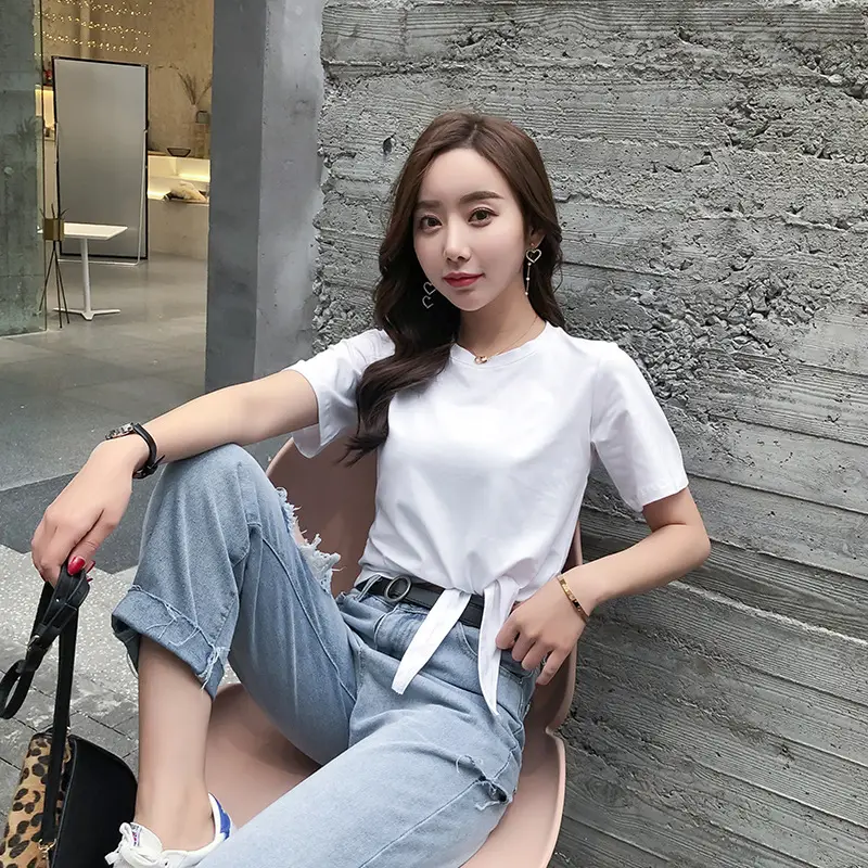 Women's White Round Neck Strap Top Short Sleeve 2021 Summer - Image 2