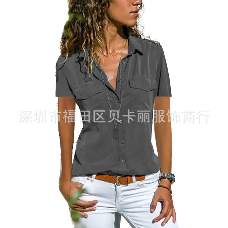 Women Pink Lapel Short Sleeve Shirt 2023 - Image 8