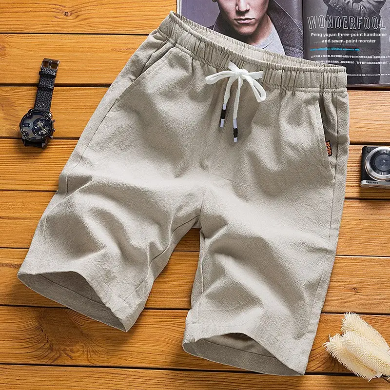Men Cotton Linen Shorts Beige 2022 Casual Middle - Image 27
