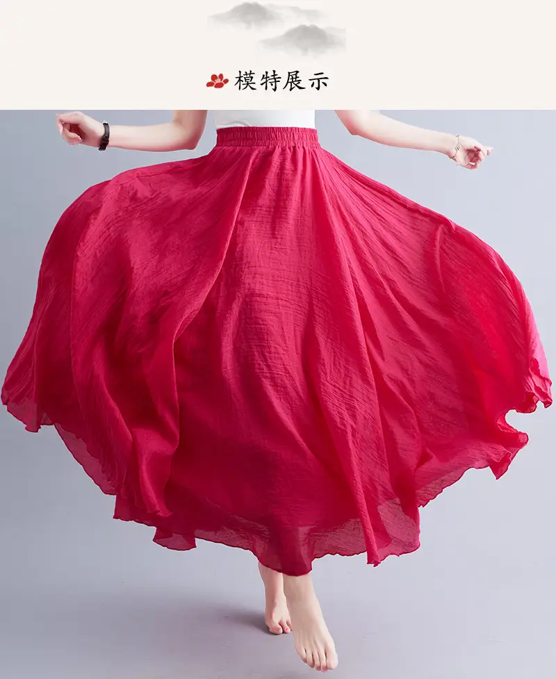 商品详情图_实拍森女文艺大码棉麻松紧腰A字裙长款纯色名族风.