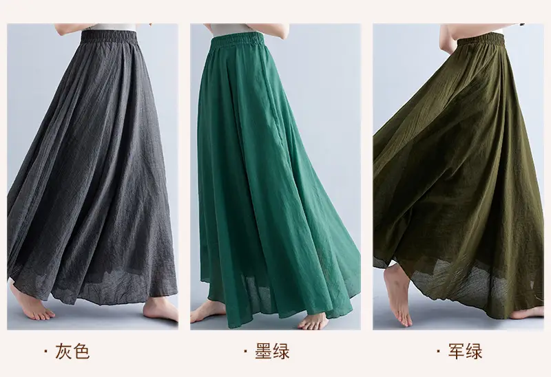 商品详情图_实拍森女文艺大码棉麻松紧腰A字裙长款纯色名族风.