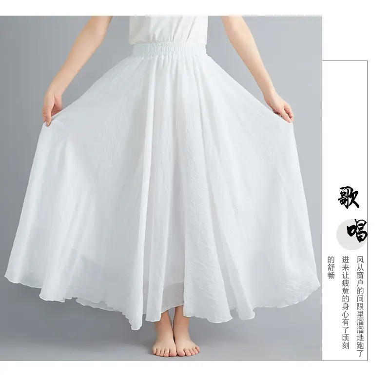 Women Linen Artistic Skirt Yellow Elastic Waist Long Swing — feature 23