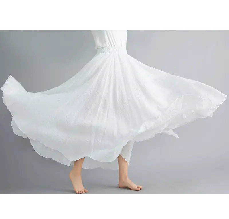 Women Linen Artistic Skirt Yellow Elastic Waist Long Swing — feature 24
