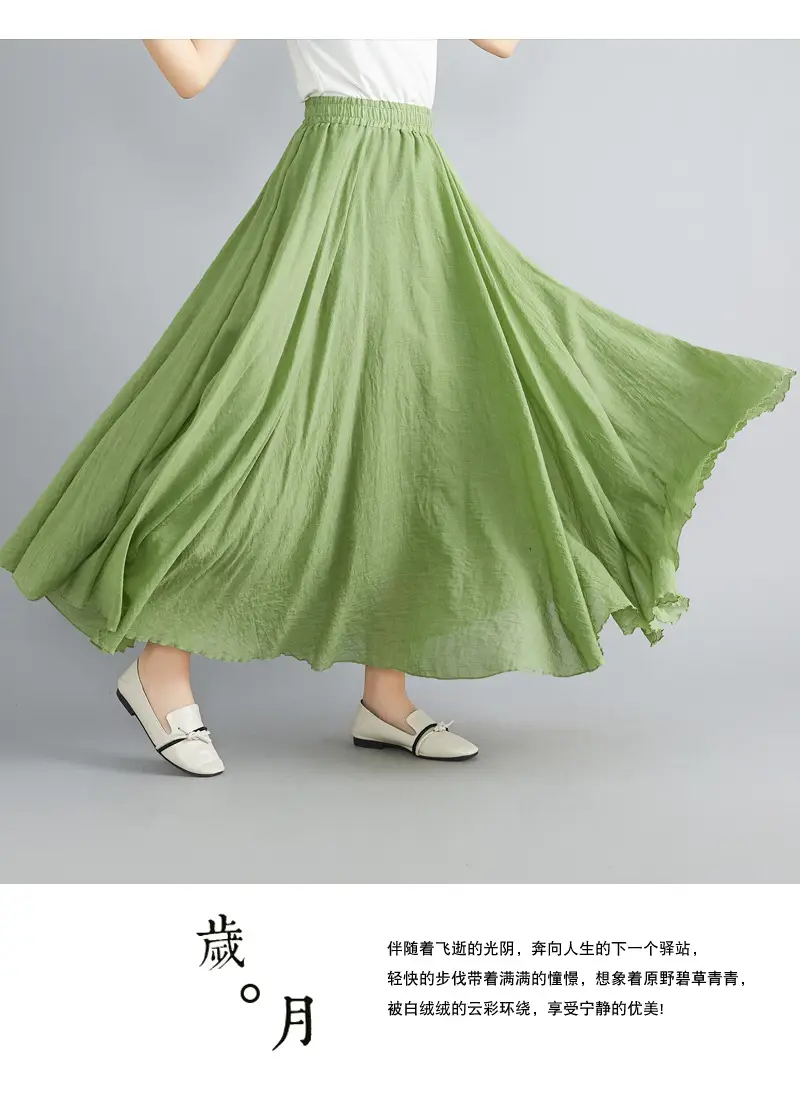 Women Linen Artistic Skirt Yellow Elastic Waist Long Swing — feature 27