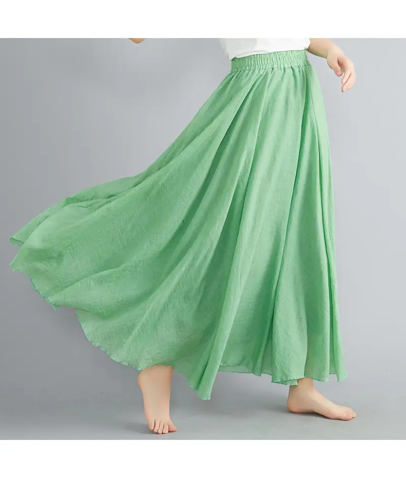 Women Linen Artistic Skirt Yellow Elastic Waist Long Swing — feature 34