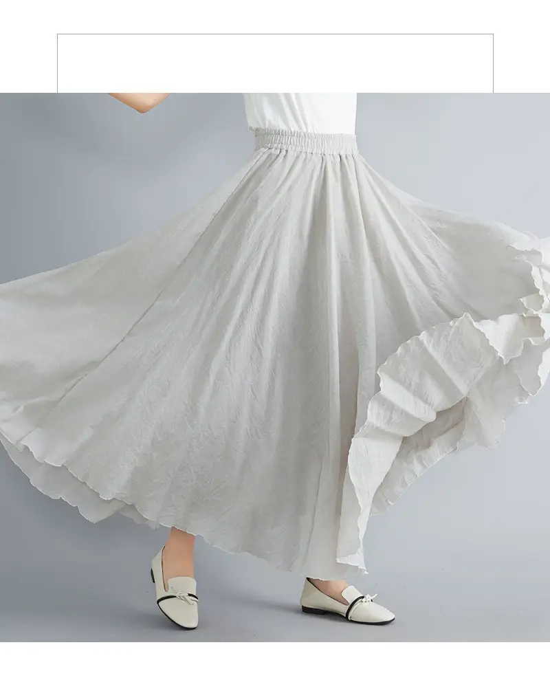 Women Linen Artistic Skirt Yellow Elastic Waist Long Swing — feature 40