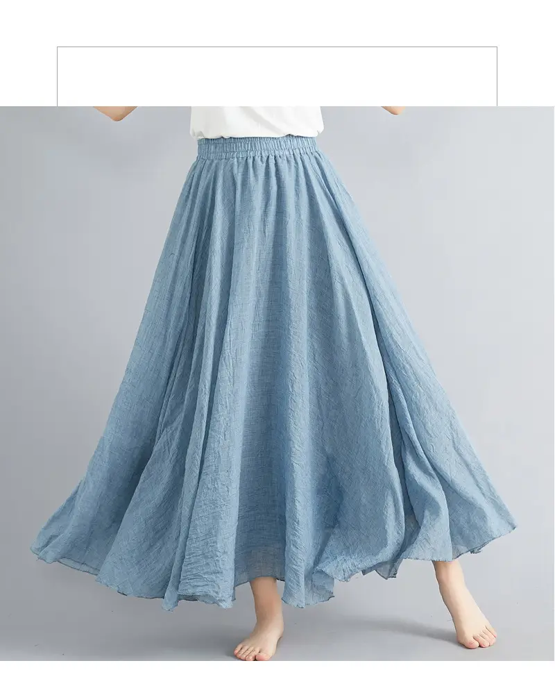 Women Linen Artistic Skirt Yellow Elastic Waist Long Swing — feature 47