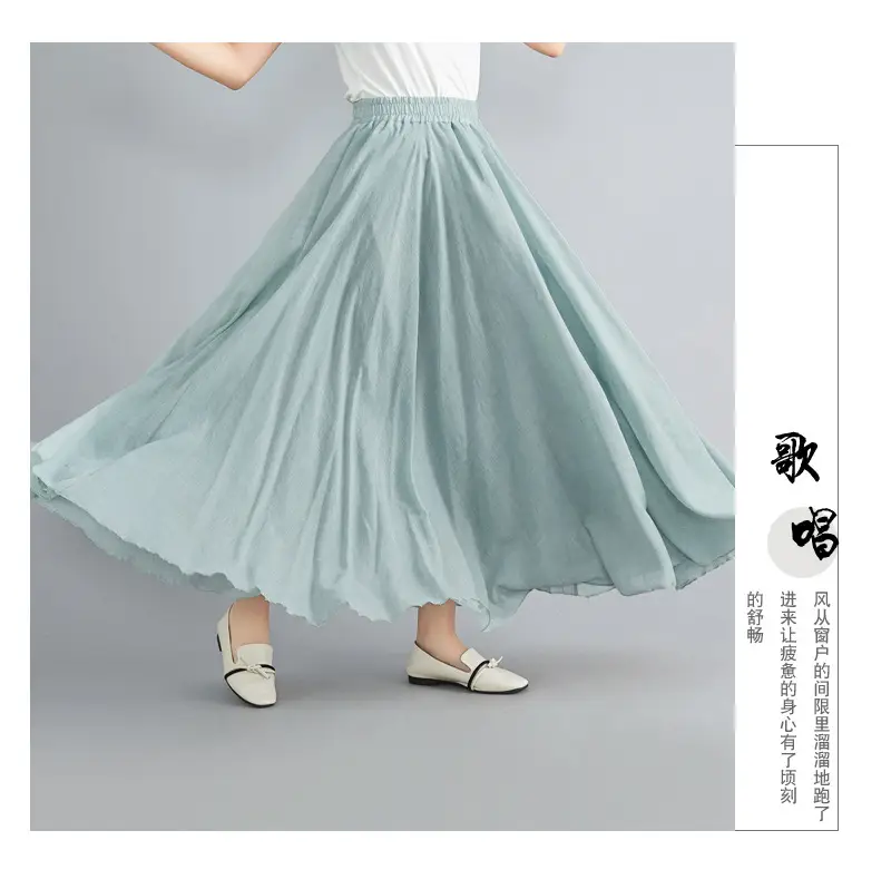 Women Linen Artistic Skirt Yellow Elastic Waist Long Swing — feature 62