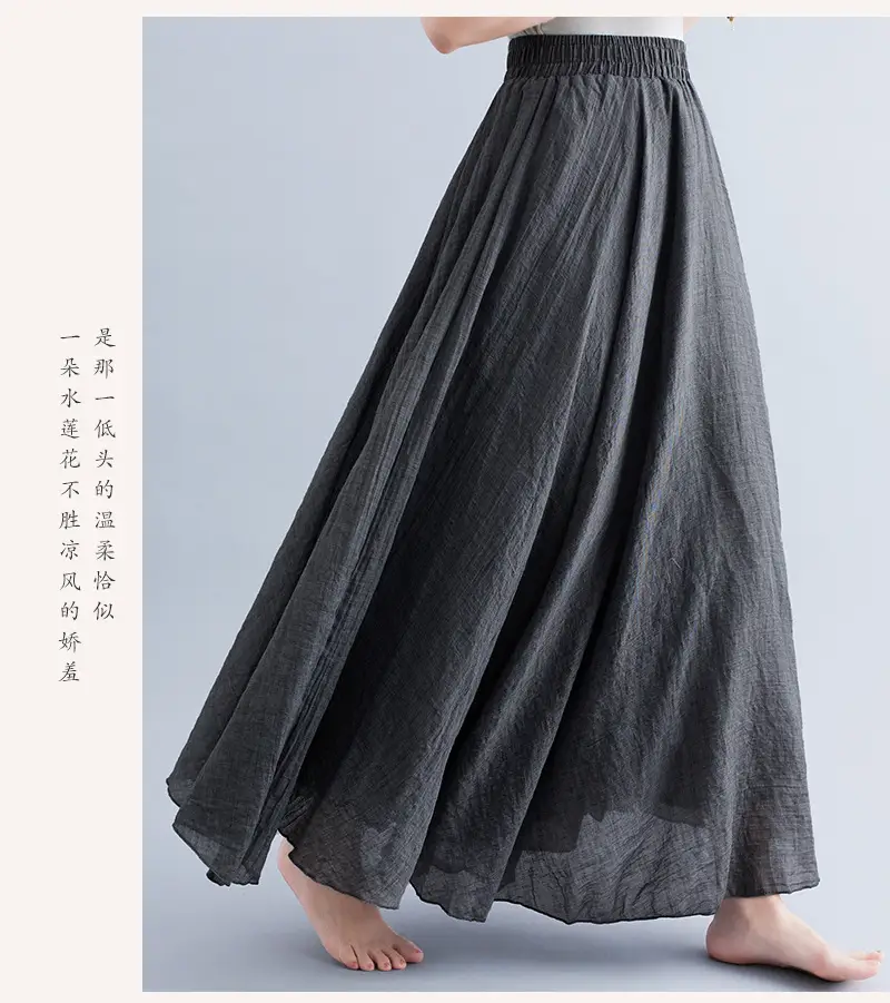 商品详情图_实拍森女文艺大码棉麻松紧腰A字裙长款纯色名族风.