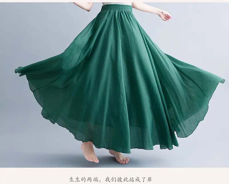 商品详情图_实拍森女文艺大码棉麻松紧腰A字裙长款纯色名族风.