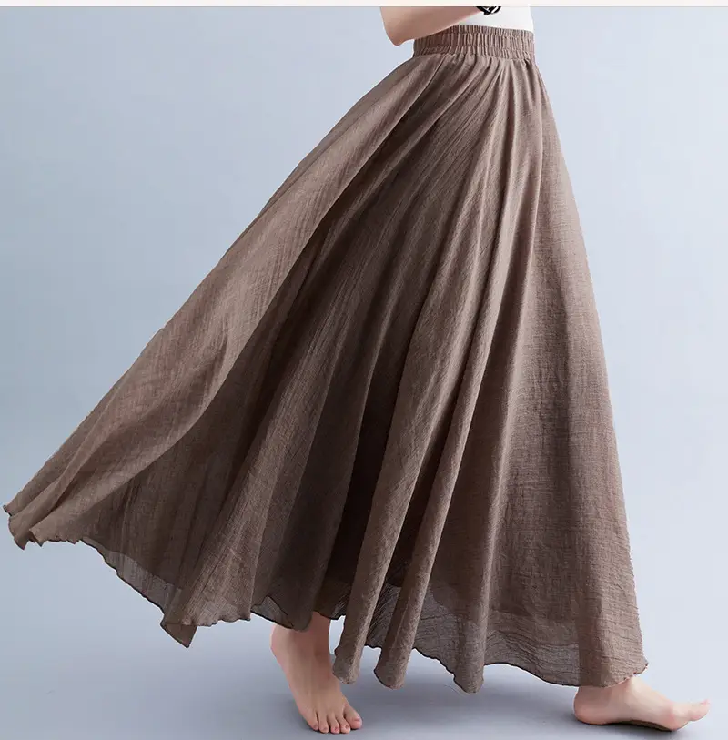 Women Linen Artistic Skirt Yellow Elastic Waist Long Swing - Image 25