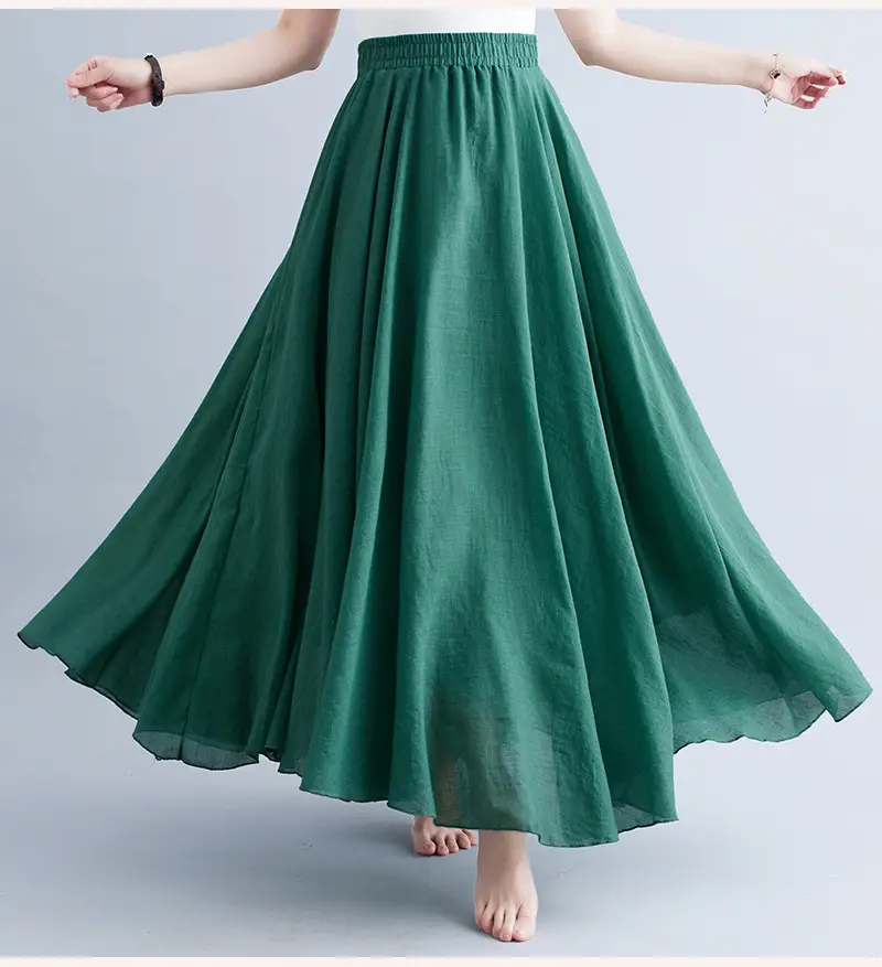 Women Linen Artistic Skirt Yellow Elastic Waist Long Swing - Image 26