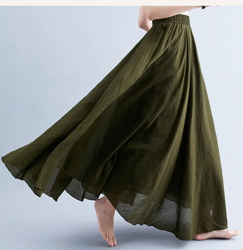 Women Linen Artistic Skirt Yellow Elastic Waist Long Swing - Image 27