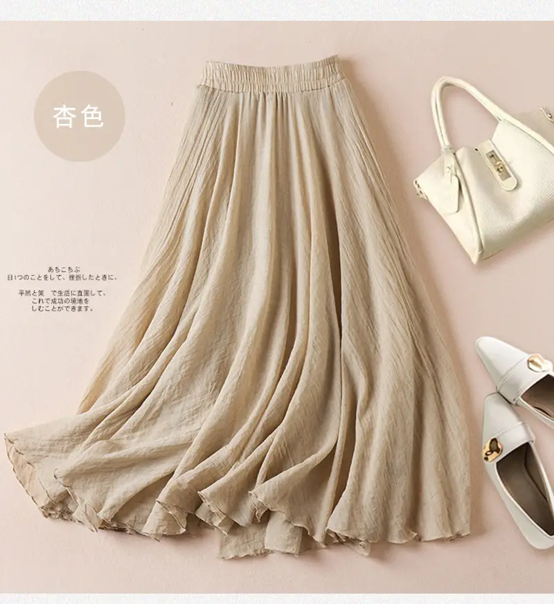 Women Linen Artistic Skirt Yellow Elastic Waist Long Swing - Image 28