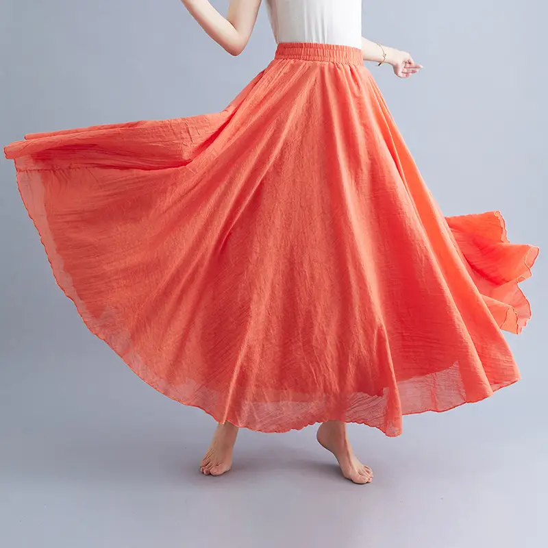 Women Linen Artistic Skirt Yellow Elastic Waist Long Swing - Image 29