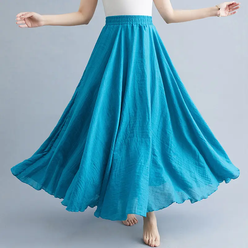 Women Linen Artistic Skirt Yellow Elastic Waist Long Swing - Image 31