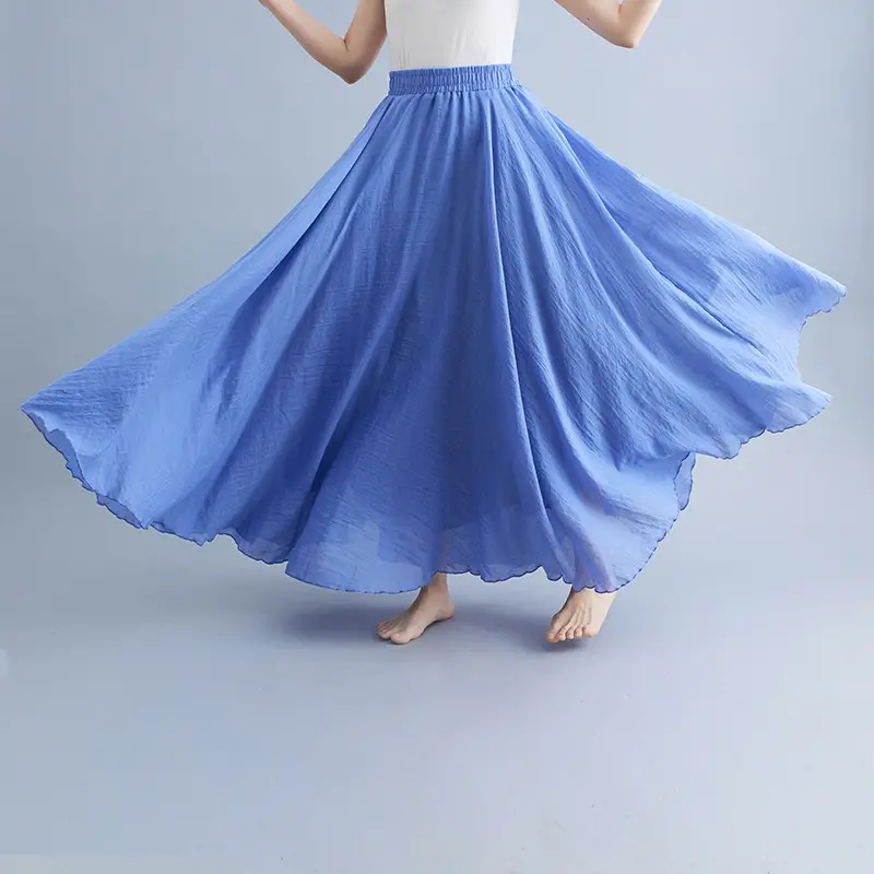 Women Linen Artistic Skirt Yellow Elastic Waist Long Swing - Image 32