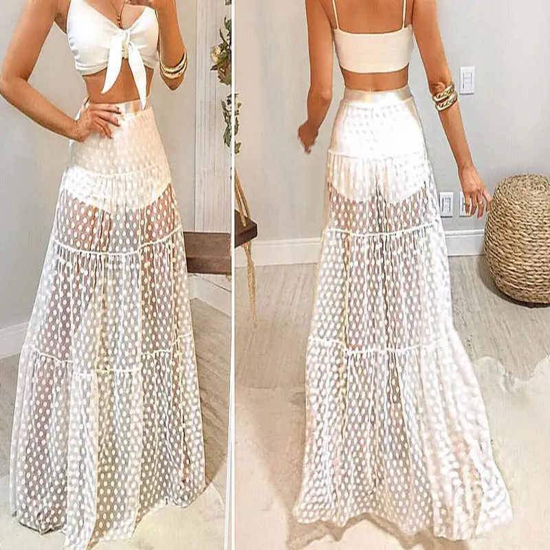 Autumn Pleated A-Shaped Dot Beach Skirt Mesh Stitching - Image 5