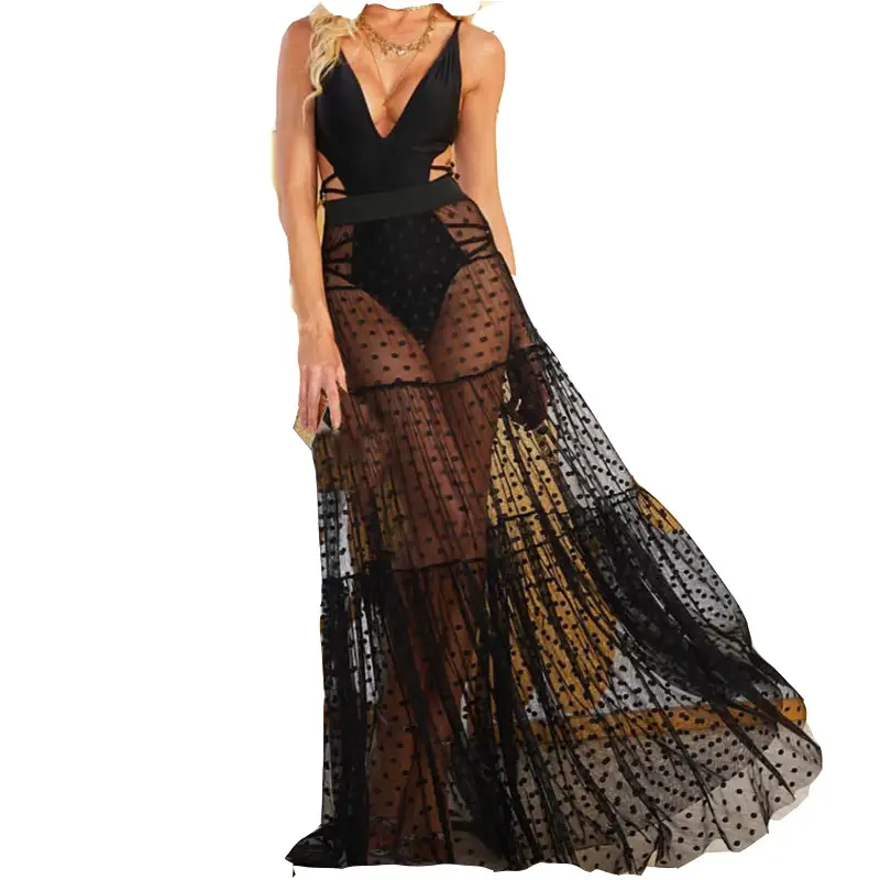 Autumn Pleated A-Shaped Dot Beach Skirt Mesh Stitching - Image 2
