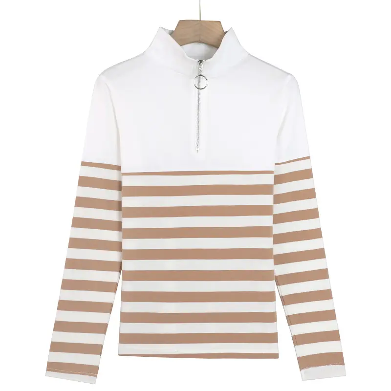 Women Striped Long Sleeve T-Shirt with Zipper Collar - Image 9