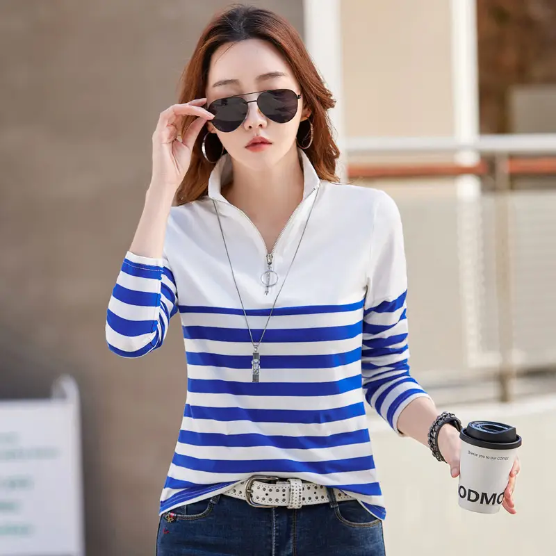 Women Striped Long Sleeve T-Shirt with Zipper Collar - Image 3