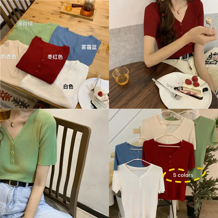 Ice Silk V-Neck Slim Knit Top Women Summer - Image 6
