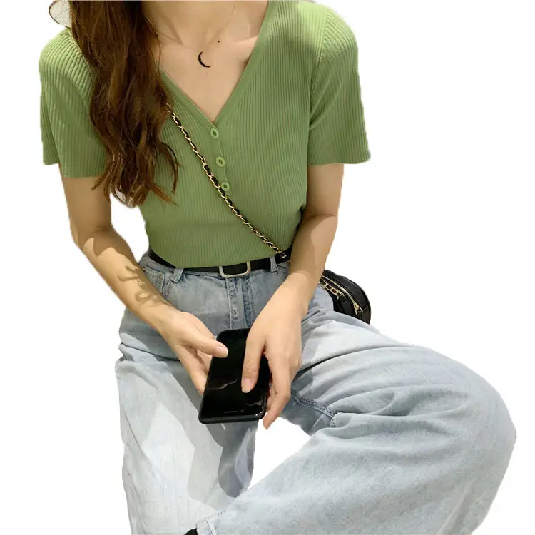 Ice Silk V-Neck Slim Knit Top Women Summer - Image 8