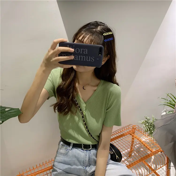 Ice Silk V-Neck Slim Knit Top Women Summer — feature 11