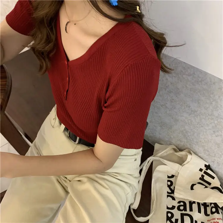 Ice Silk V-Neck Slim Knit Top Women Summer — feature 12