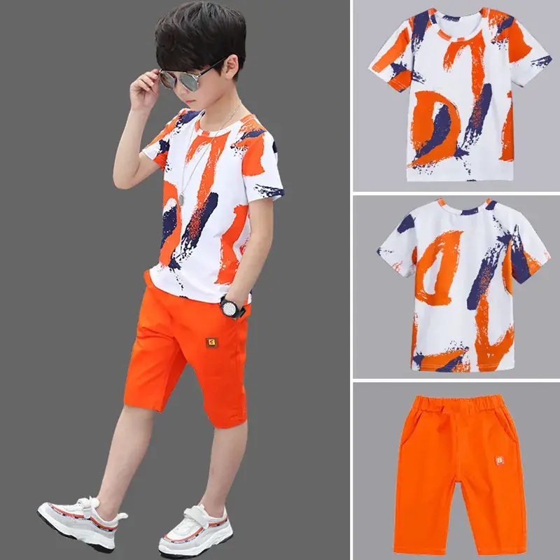 Kids Orange White Graphic Shorts Set Medium Large - Image 6