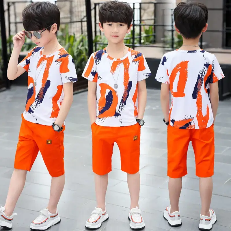 Kids Orange White Graphic Shorts Set Medium Large - Image 2