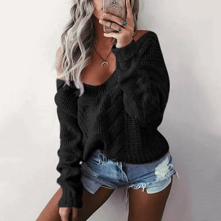 Black Twist Neck Knit Pullover Top for Women - Image 3