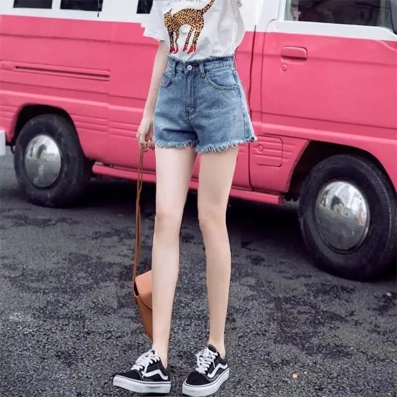 Women Retro High Waist Denim Shorts Summer Loose Large
