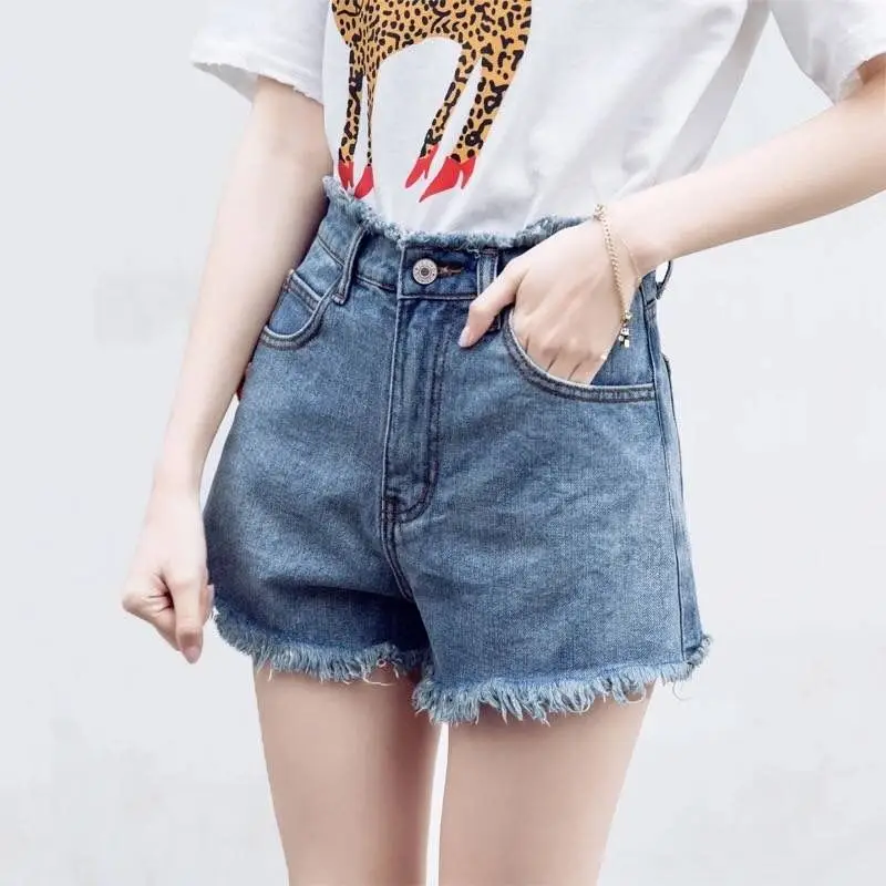Women Retro High Waist Denim Shorts Summer Loose Large