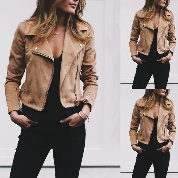 Women's Maroon Lapel Zipper Jacket with Black Pants - Image 8