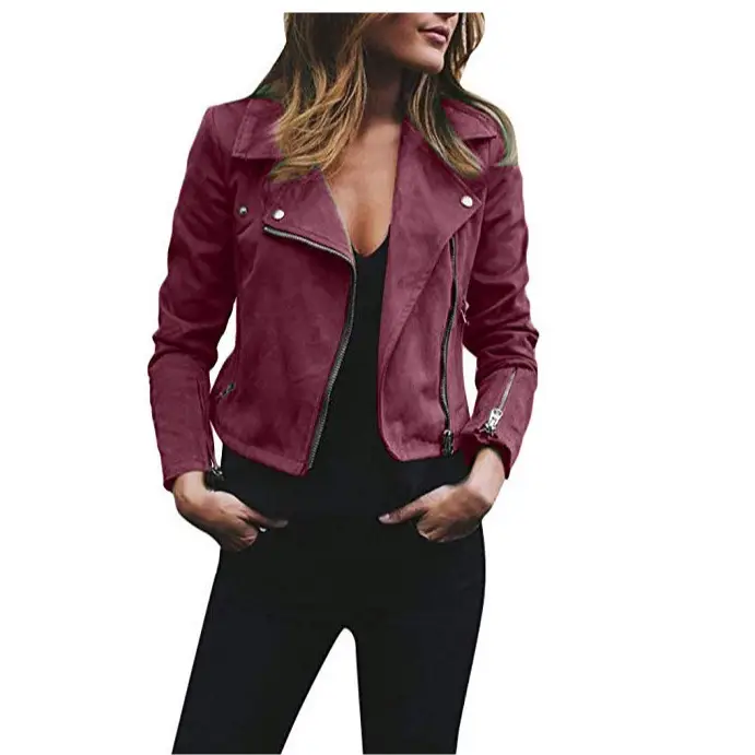 Women's Maroon Lapel Zipper Jacket with Black Pants - Image 9