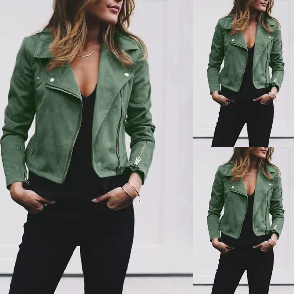 Women's Maroon Lapel Zipper Jacket with Black Pants - Image 11