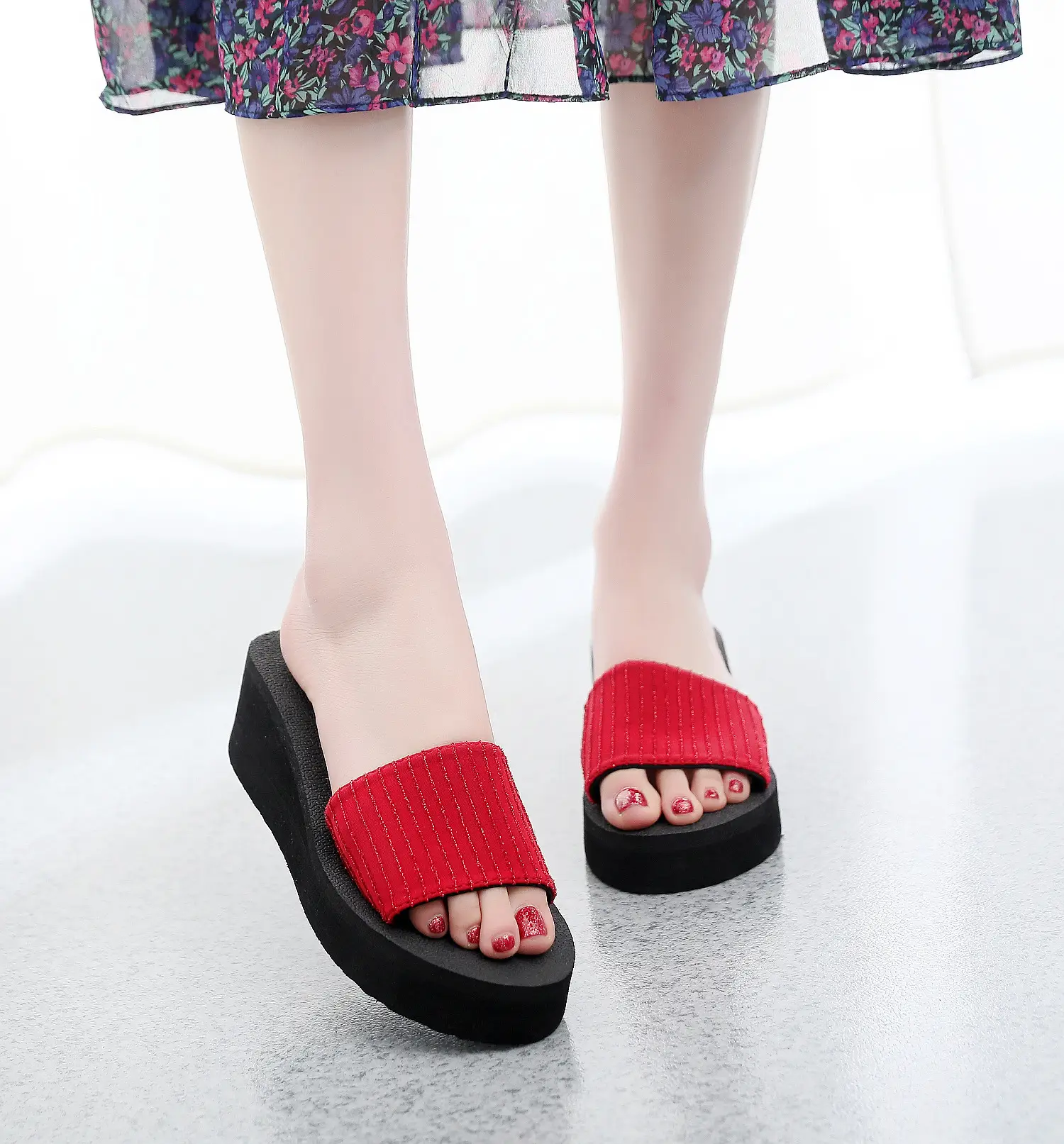 Women's Red Elastic Flat Sandals Summer Flip Flops