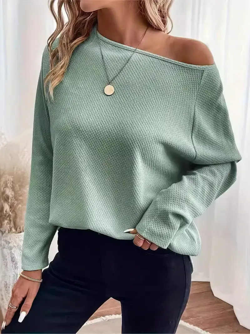 2025 Women's Green Knitted Off-Shoulder T-Shirt - Image 7
