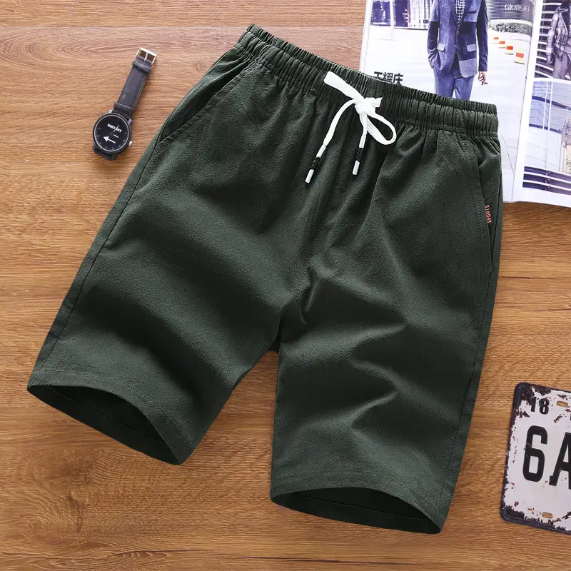 Men Cotton Linen Shorts Beige Summer Casual Slim Fit