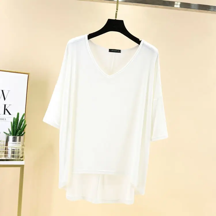 Summer New Korean Style Big V-neck Half Sleeve Batmobile Shirt Modal Loose Large Size - Image 4