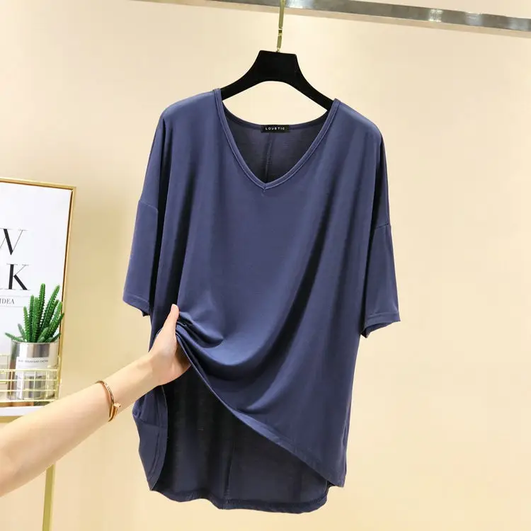 Summer New Korean Style Big V-neck Half Sleeve Batmobile Shirt Modal Loose Large Size - Image 5