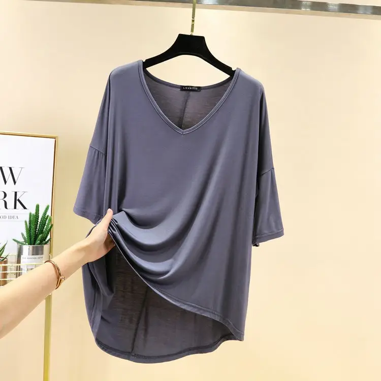 Summer New Korean Style Big V-neck Half Sleeve Batmobile Shirt Modal Loose Large Size - Image 6