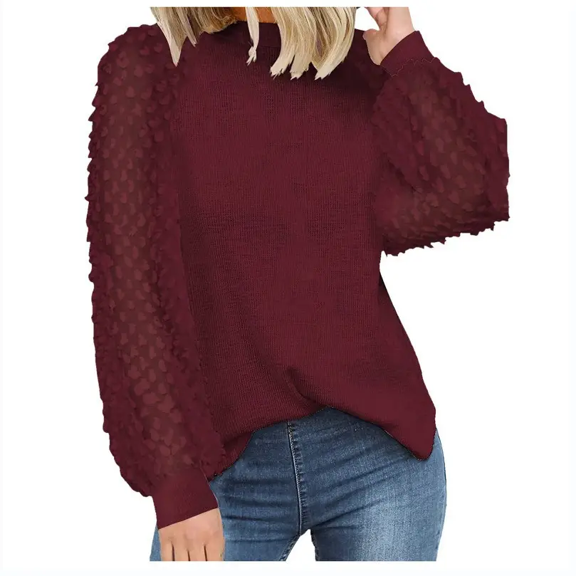 2025 Women's Round Neck Lace Long Sleeve Top Black - Image 9
